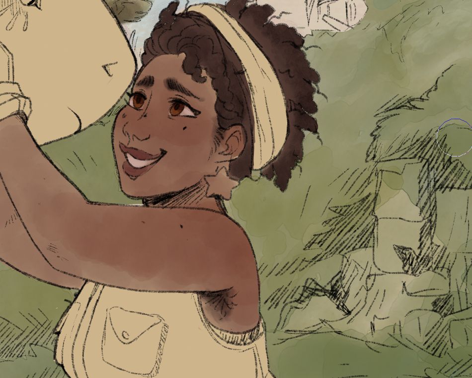 Sneak peek of an unfinished painting, it's my human character Nandi smiling while looking up at Ilo who is out of frame. 
