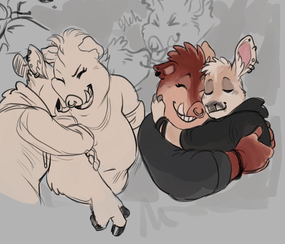 Sketch of Buck and Pigtail from the Bad guys 2, they are hugging in both drawings.