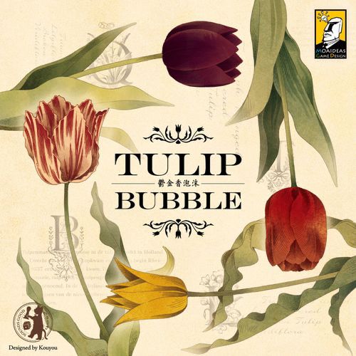 Box art for a board game called, “tulip bubble.”

The words, tulip bubble are in the center in black on a beige background with four different colored and variety of tulips surrounding it. 