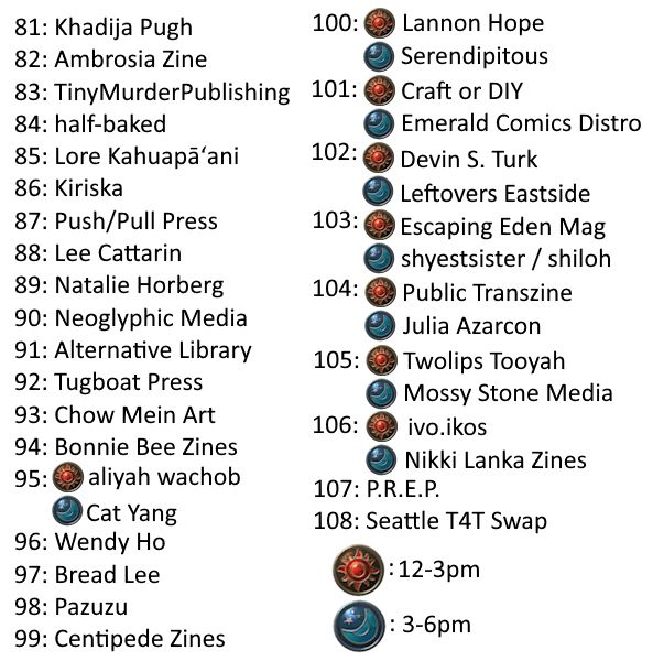 Vendors are displayed, with a sun medal or moon medal for those vending for half the event (12-3 or 3-6).
81	Khadija Pugh		
82	Ambrosia Zine		
83	TinyMurderPublishing		
84	half-baked 		
85	Lore Kahuapāʻani		
86	Kiriska		
87	Push/Pull Press		
88	Lee Cattarin		
89	Natalie Horberg		
90	Neoglyphic Media		
91	Alternative Library		
92	Tugboat Press		
93	Chow Mein Art		
94	Bonnie Bee Zines		
95		aliyah wachob	Cat Yang
96	Wendy Ho		
97	Bread Lee		
98	Pazuzu		
99	Centipede Zines		
100		Lannon Hope	Serendipitous
101		Craft or DIY	Emerald Comics Distro
102		Devin S. Turk	Leftovers Eastside
103		Escaping Eden Mag	shyestsister / shiloh
104		Public Transzine	Julia Azarcon
105		Twolips Tooyah	Mossy Stone Media
106		ivo.ikos	Nikki Lanka Zines
107	P.R.E.P.		
108	Seattle T4T Swap		