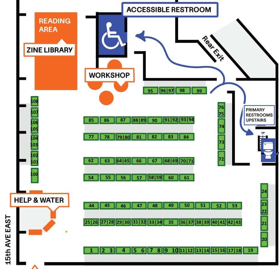 Map of a former grocery store used for the Seattle Zine Swap. 108 numbers are lined out on tables in rows around the event, with an accessible restroom on the first floor and primary restrooms upstairs. A zine library and workshop area are in the northwest corner. If you need help navigating SZF or have access needs, asking for Sophie at the event.