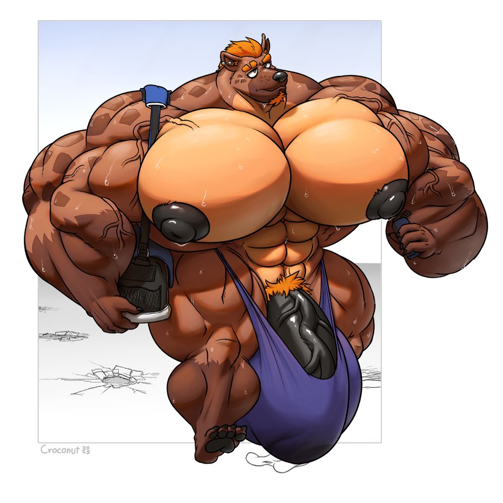 NSFW: Illustration of an brown anthro hyper muscular hyena who looks at the distance as he walks down a street. Behind him, he's leaving multiple cracks every time he steps and walks forward. He's sweating under the sunlight and he carries his gym bag and thermo.

Probably cause small tremor every time he does too. He weight of his muscles and hyper cock bulge must count for that!
