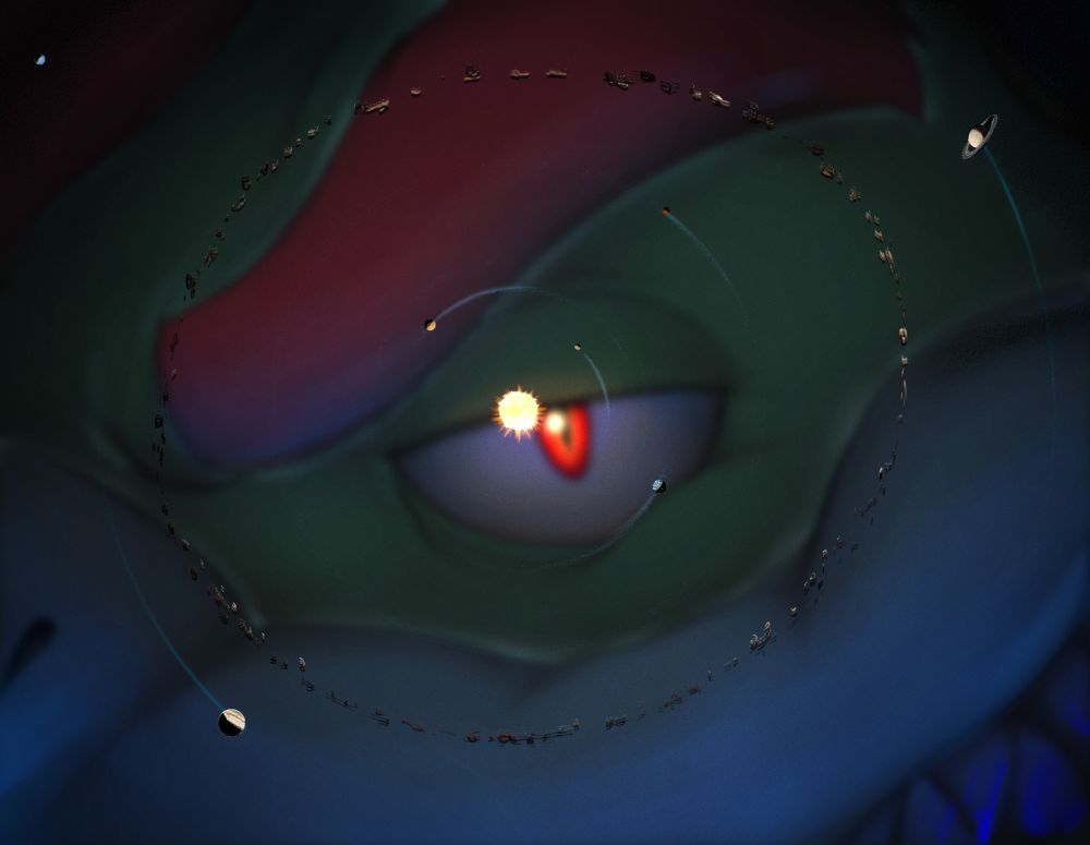 Illustration: The solar system from a top view. All the planets going round. Bowser, why bigger than the solar system, is observing the sun he just surpassed moments before.