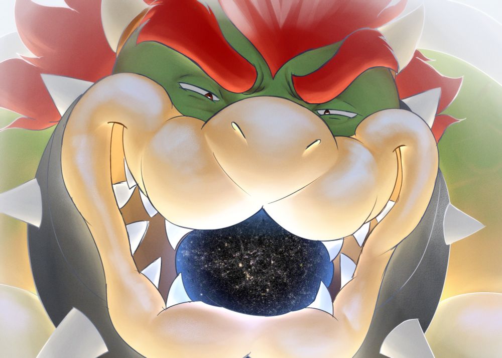 Illustration: The place beyond the universe knows no logic or care. Bowser has gotten so big he now can fit the entire universe he comes from with his mouth! He holds it, nibbling at the thought of power and endlessness he is now. He's ready t tear it apart, and go beyond our understanding ~ Final drawing. Lines by VeeJayBees