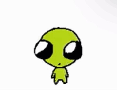 a drawing of a green alien with big black eyes