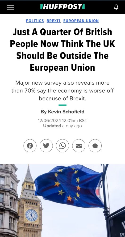 Just A Quarter of British People Now Think The UK Should Be Outside The European Union
Major new survey also reveals more than 70% say the economy is worse off because of Brexit.
By Kevin Schofield
12/06/2024 12:01am BST Updated a day ago