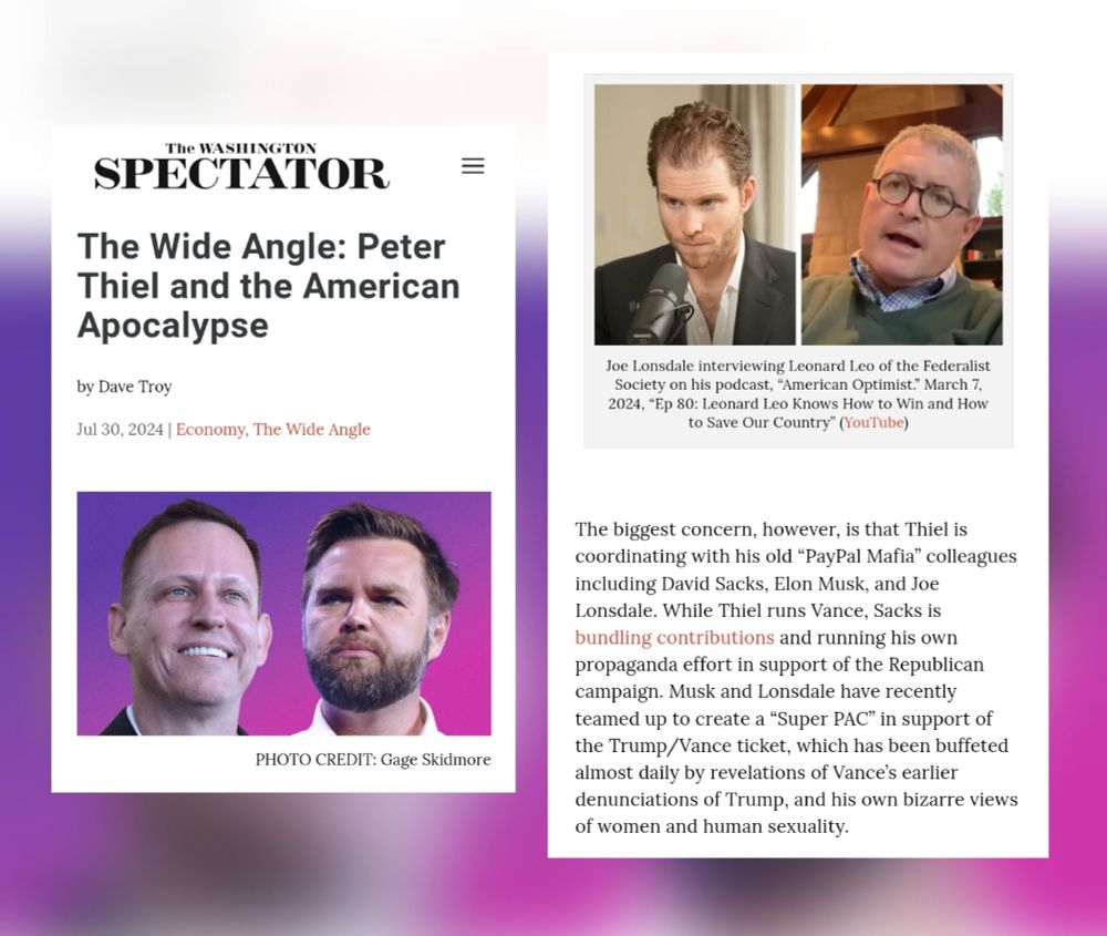 The WASHINGTON SPECTATOR The Wide Angle: Peter Thiel and the American Apocalypse by Dave Troy Joe Lonsdale interviewing Leonard Leo of the Federalist Society on his podcast, 