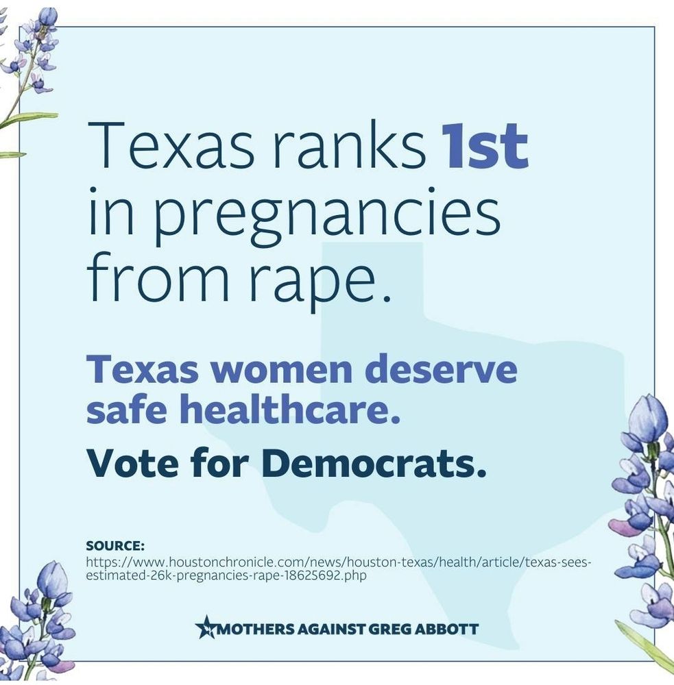 Texas rank 1st in pregnancies from rape. Texas women deserve safe healthcare. Vote for Democrats. SOURCE: estimated26k-pregnancies-rape-18625692.php MOTHERSAGAINSTGREG ABBOTT