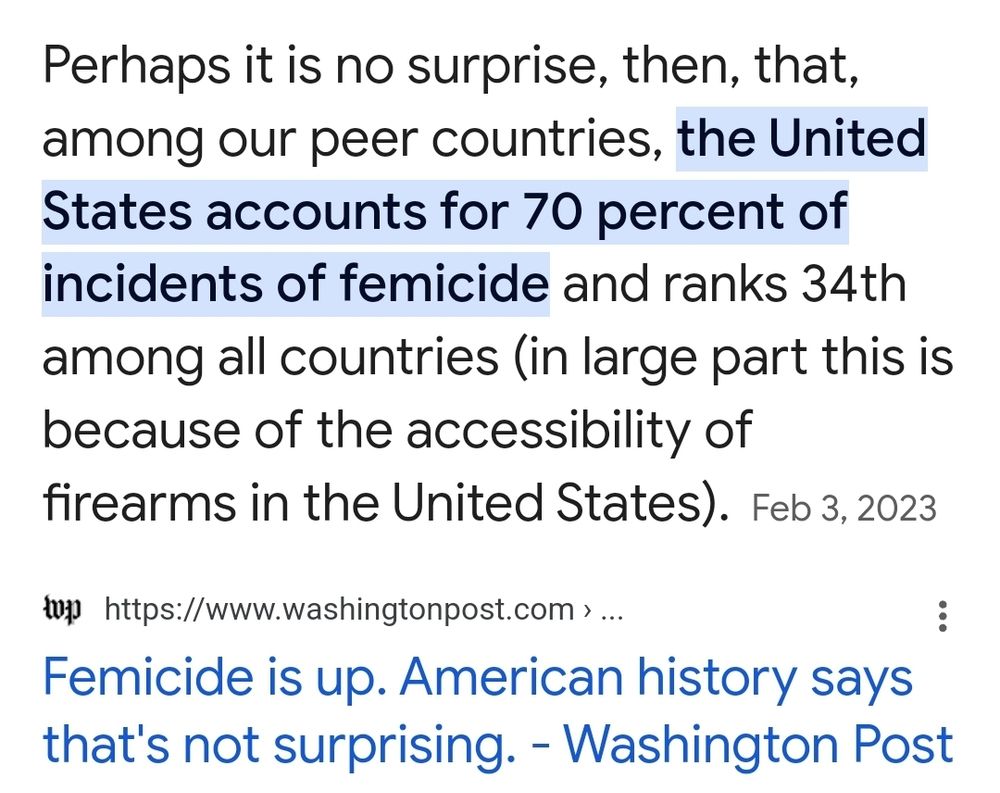 Perhaps it is no surprise, then, that, among our peer countries, the United States accounts for 70 percent of incidents of femicide and ranks 34th among all countries (in large part this is because of the accessibility of firearms in the United States). Feb 3, 2023
tp https://www.washingtonpost.com>.
Femicide is up. American history says that's not surprising. - Washington Post