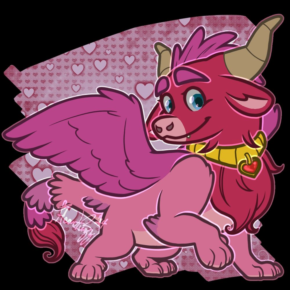 a digital drawing of Ember the dragon, redesigned. she has a thicker build, and the head of a bull. her horns are the same shape as before, swiping outwards to the sides and the back. Ember's entire head and neck are covered in fur of a rosey red, which gets longer as it grows down towards the chest. Ember has paws with retractable claws, and feathered wings. her wings are rosey pink, which Ember also sports on her head with a short feathered crest. her tail has rings of feathers that get darker as they approach the tip, which sports a tuft of rose-red fur that matches her neck. she's still wearing her thick gold necklace with a heart gem.