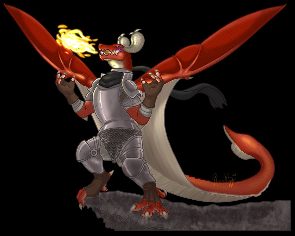 A digital drawing of Angelus from Drakengard but anthropomorphic. She stands triumphantly on the edge of a rocky cliff, flapping her wings and breathing a bright plume of fire. Her arms are raised powerfully. She is wearing steel armor and a long black scarf. This version is transparent with no background. 