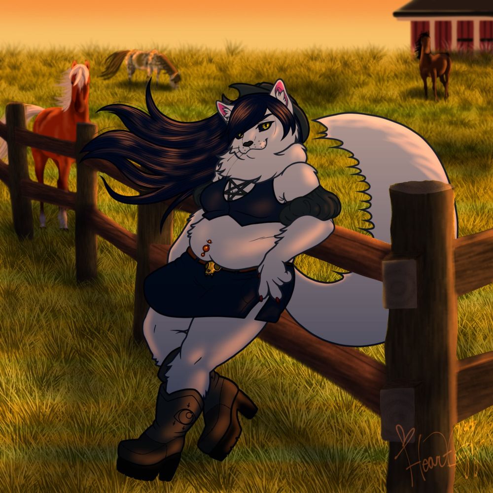 a digitally drawn image of a sexy goth cat girl smirking and leaning against a fence on a windy evening. she is wearing a dark blue vest with detached puffy sleeves and a pentagram symbol over her bust. the vest is short, revealing her chubby belly, which sports a red piercing. her short skirt is also dark blue, with a thigh slit on the side. she wears black boots with an eye symbol. atop her head is a dark grey cowboy hat. her long, fluffy tail curves up in an arc, being blown by the wings. her long, dark blue hair is also being blown by this wind.