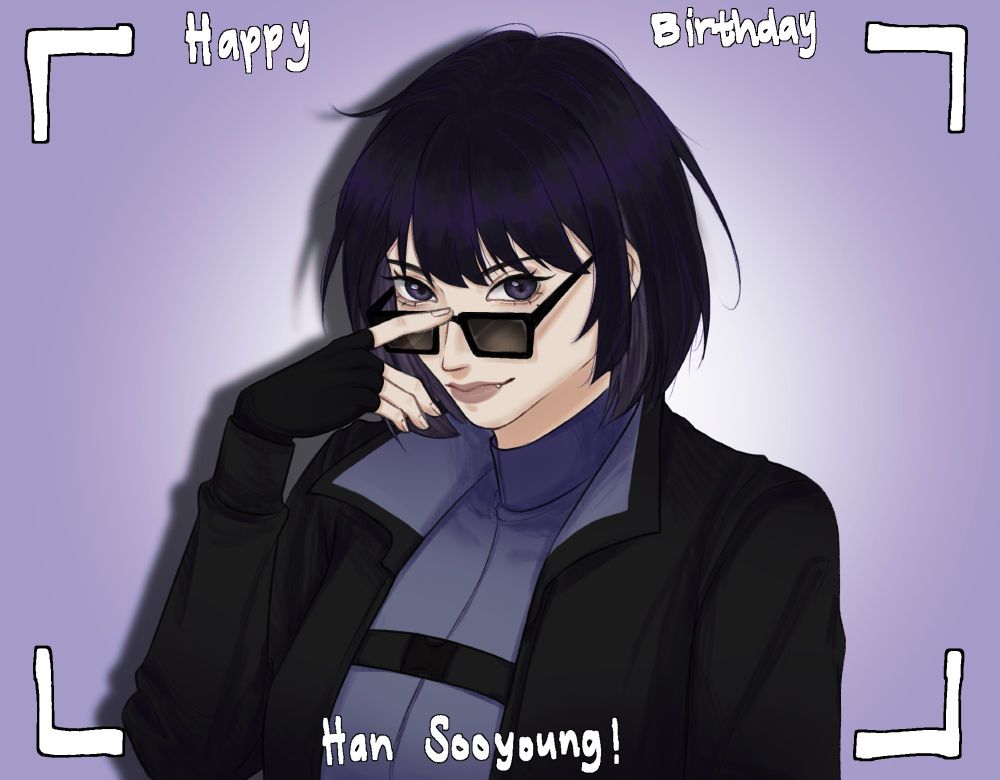 Han Sooyoung coolly looking at the camera, lowering her glasses onto her nose bridge with her hand, with a slight smirk on her face.