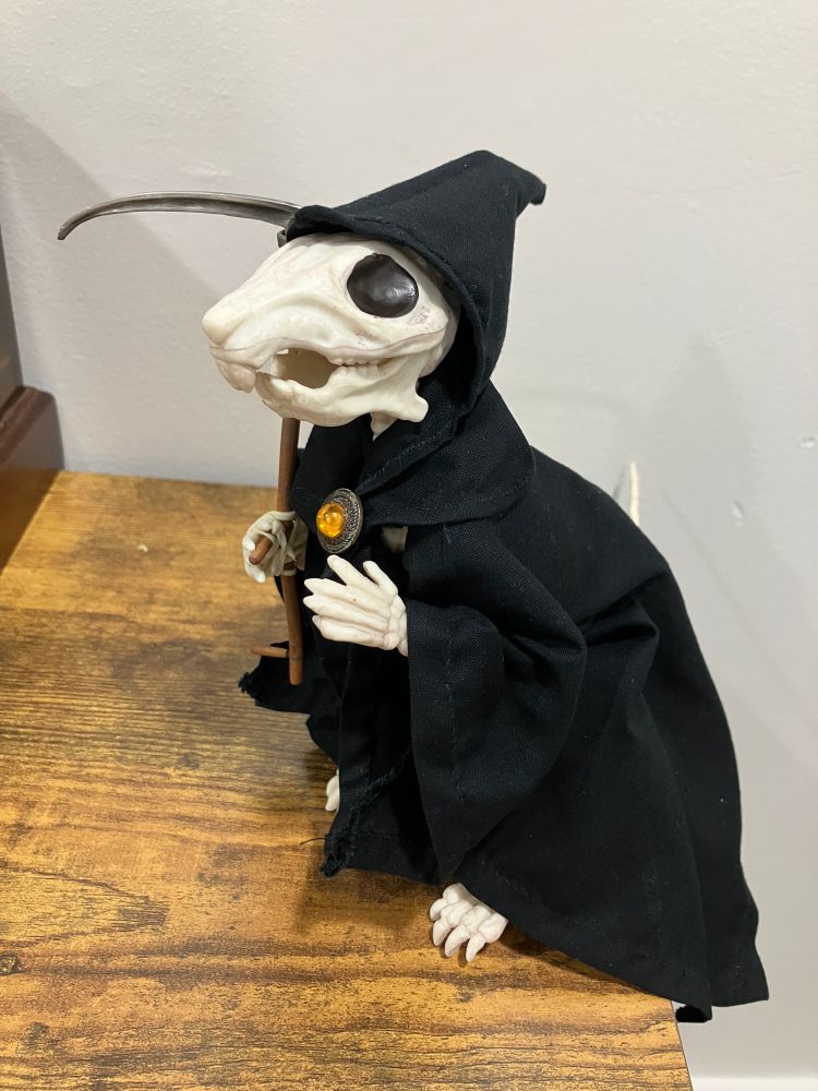 A plastic rodent skeleton holding a doll-sized plastic scythe is wearing a black robe with a black cowl held in place with an ornate jeweled button. It is a homemade replica of the Death of Rats from Discworld by Terry Pratchett.