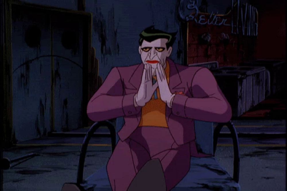 a cartoon of the joker sitting in front of a sign that says " better "