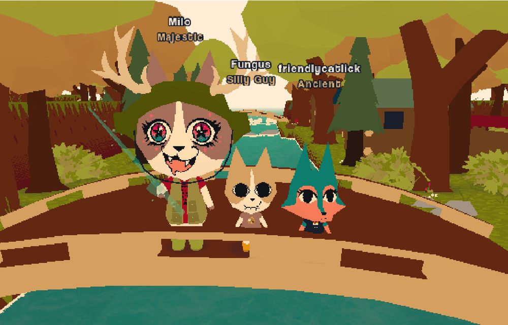 From left to right: Milo is a big redish brown shade cat with big starry eyes, Fungie/Fungus is a smaller light brown cat with eyes that have big irises and catlick is a small teal dog. All 3 are standing on a bridge in a forest