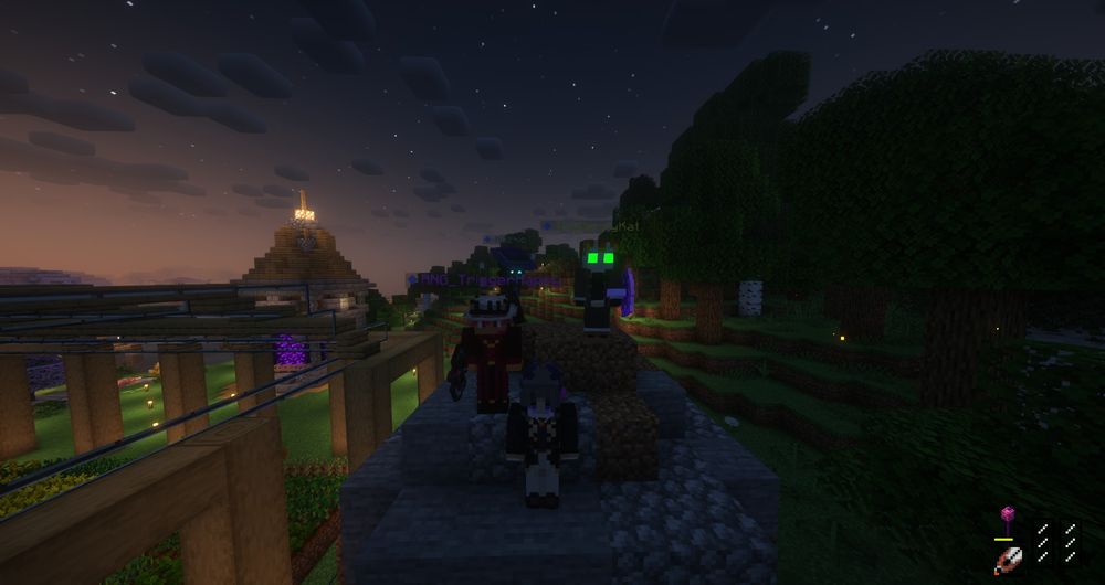 W!fungie (a grey haired demon with purple horns), w!RNG (the person with the hat and crown), Ozzy (the person with glowing eyes) and paradox (the robot with glowing blue eyes) are standing on a weird looking rock