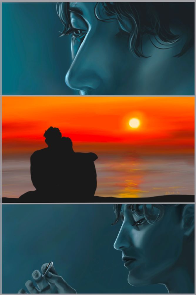 SakuAtsu week, Day 2

This is a mini-comic with Kiyoomi and Atsumu includes three frames.

The narrative consists of two time segments: the first and third frames are the present, the second frame is the past. 

The present has cold, depressive colours. The past has warm colours and romantic atmosphere.

The first frame: Kiyoomi stay alone in the room and remember the past.

The second frame: Kiyoomi and Atsumu watch the sunset together and cuddle each other sitting on the beach.

In my mind Atsumu say: "I thought ya hate me, Omi-kun!"

Third frame: Kiyoomi stay alone still and keep a ring in his hand. We can see the tears in his eyes. 

He look at the ring and think: "I wish I could hate you"
