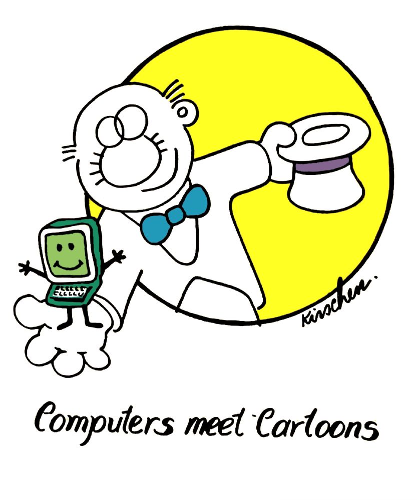 A cartoon illustration shows a man wearing a bow tie holds out his hand. Standing on the hand is a smiling, anthropomorphic computer. Under the illustration are the words 