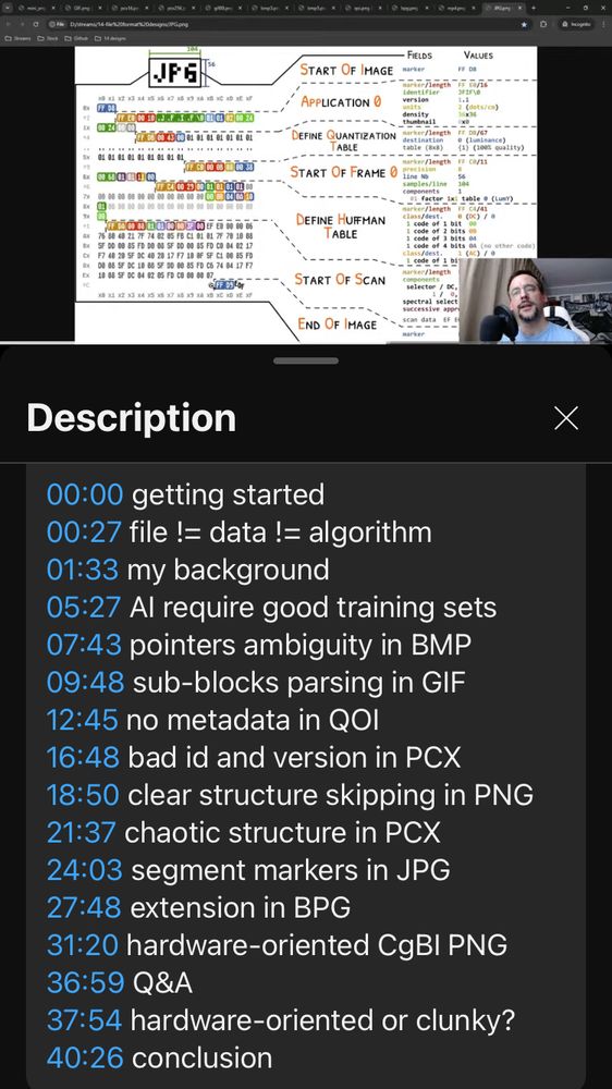 A screenshot of Youtube showing a JPEG file contents being hexplored visually.