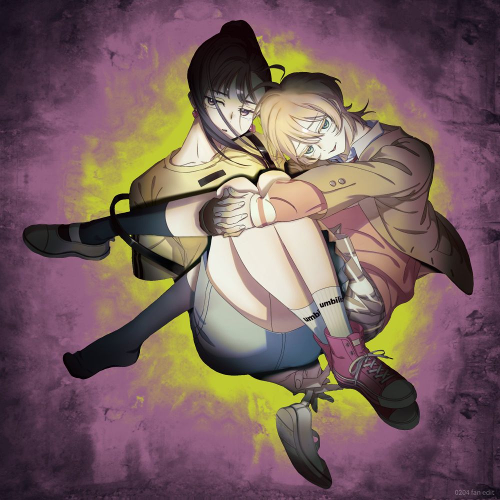 fan edit combining yuno and muu's third anniversary art. they are facing towards each other and muu is hugging yuno's knees. muu's legs are between yuno's body and legs.