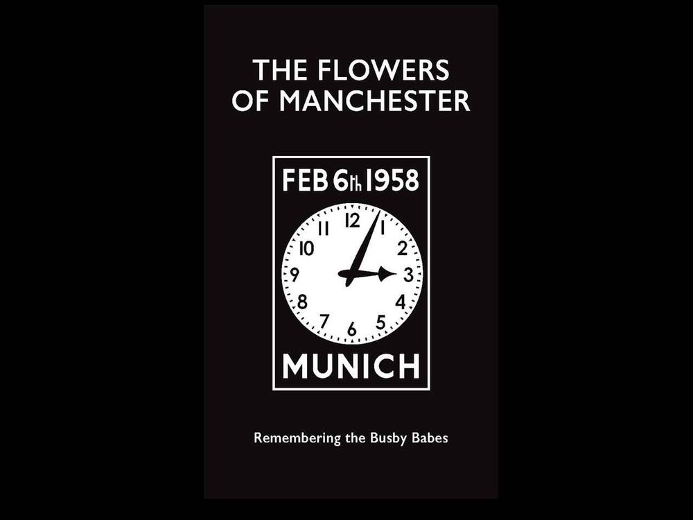 A BLACK AND WHITE IMAGE OF A CLOCK, THE TIME IS STOPPED AT 3.04PM, THE DATE IS FEBRUARY THE 6TH 1958, AND THERE IS TEXT TO SAY REMEMBERING THE BUSBY BABES.