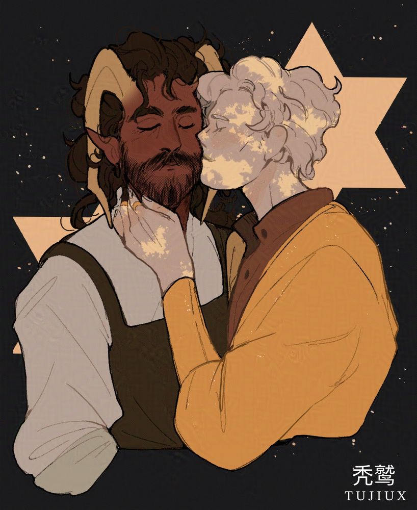 Half bodies of two characters. Autry is kissing Kai’s cheek. 