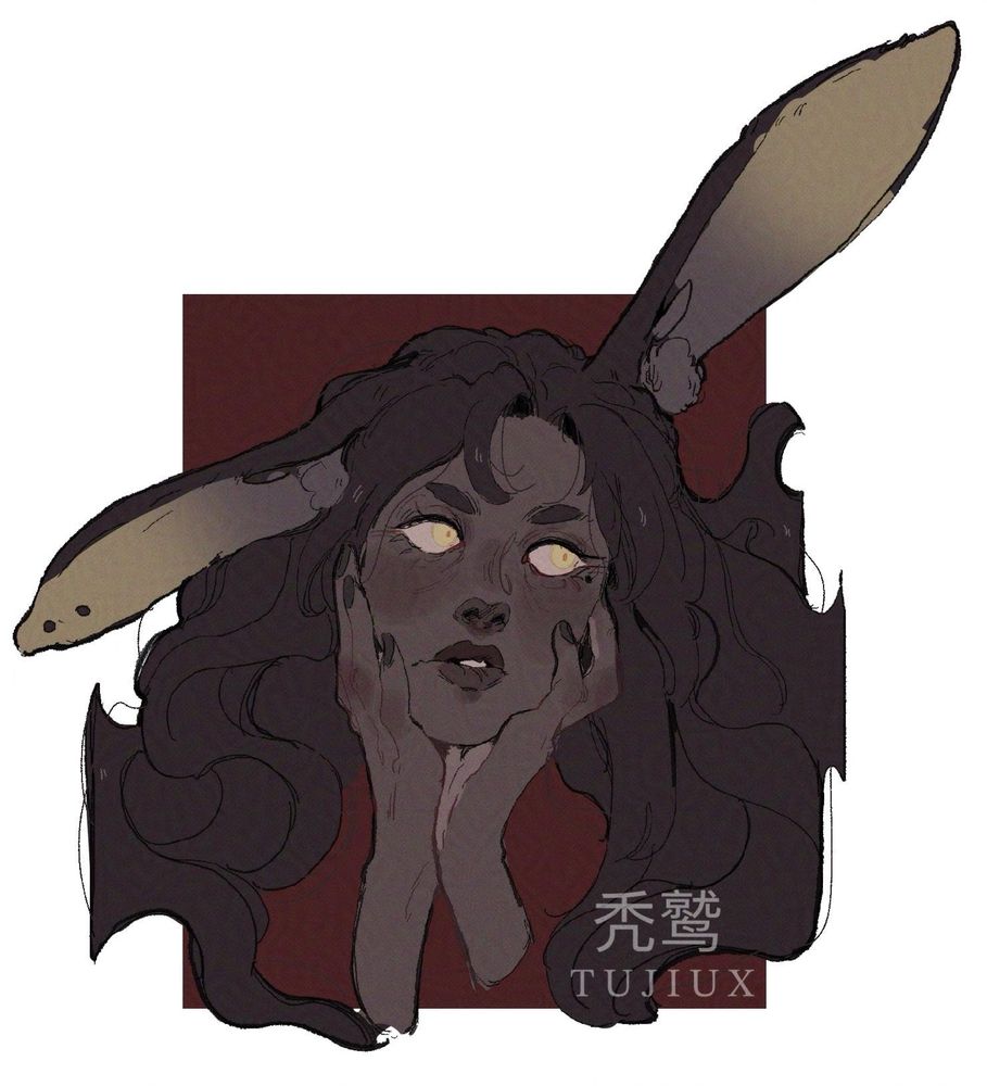 A headshot of a dark skinned viera with yellow eyes and yellow tinged ears. 