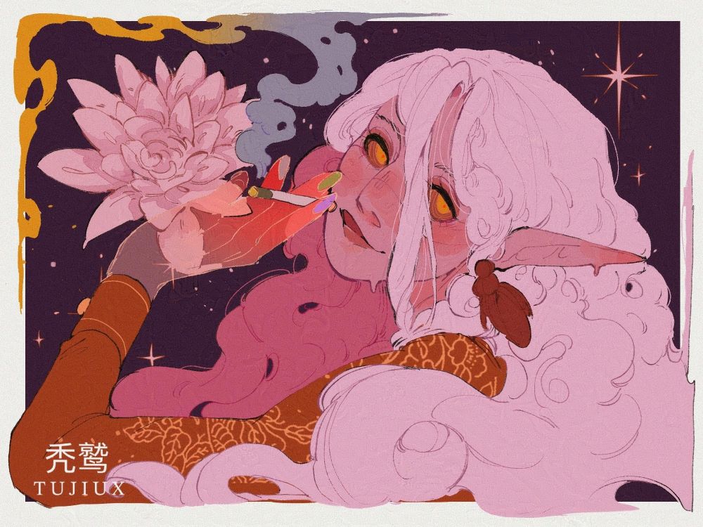 an illustration of my character, primavera while she smokes. she has ghost hands and there is a lotus in the background. smoke and hair forms a frame around her. 