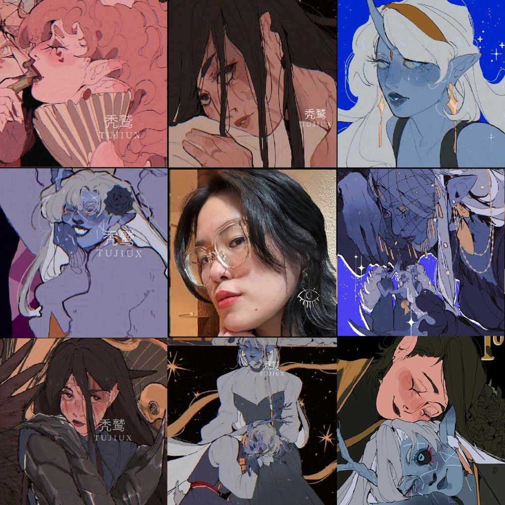 A 3x3 grid of my previous art with a selfie of myself in the center 