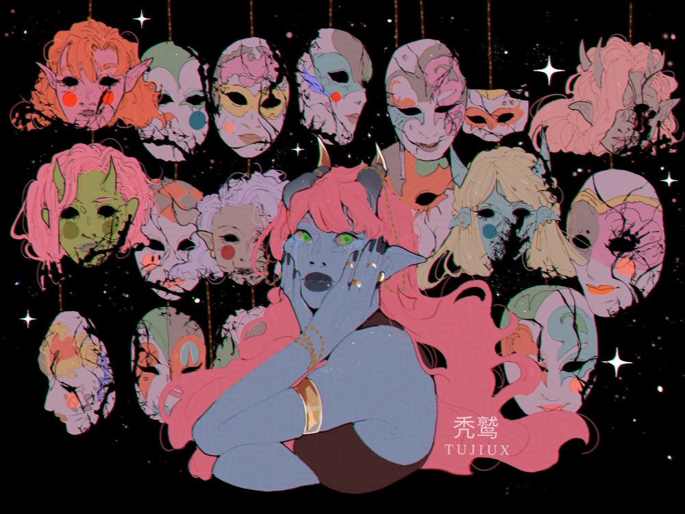 A blue skinned horned woman with pink hair sits in front of broken and shattered masks. 