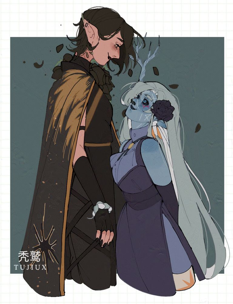 a halfbody piece of two characters, absi and leora that accentuates their differences in height. 