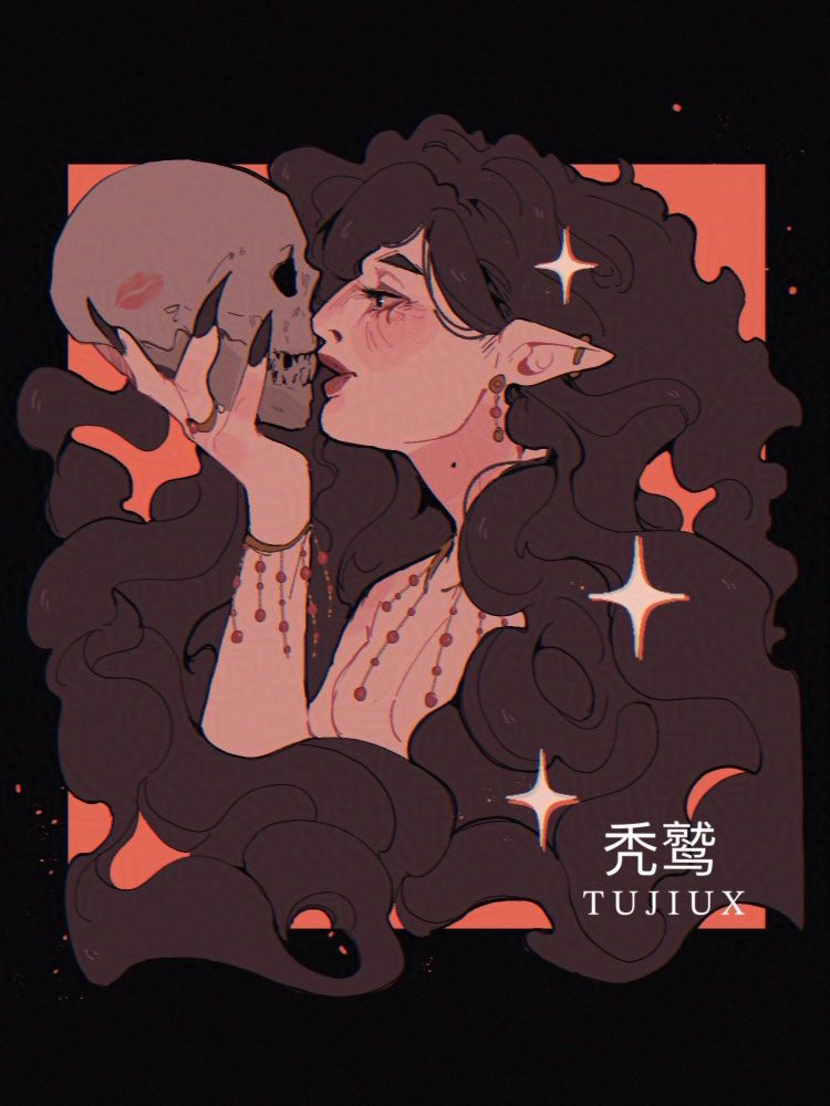 A pale woman with long flowing black hair frames her as she holds a skull with a kiss mark. 