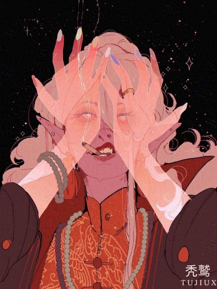 an oc is holding her hands to her eyes, her hands are translucent. she is smoking a cigarette and sneers. 