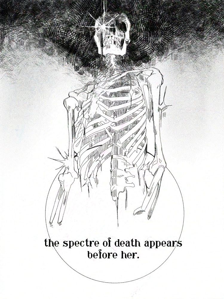 a skeleton with a starburst from its eyes descend. 
The text reads: “the spectre of death appears before her.”