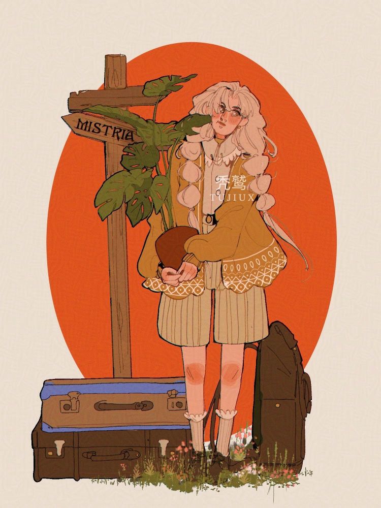 girl with blonde bubble braids standing by a cross sign saying mistria holding a plant