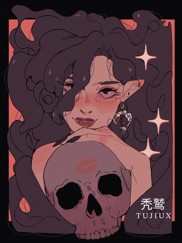 a pale elf holding a skull with a kiss mark on its forehead 