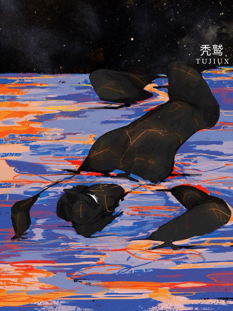 A dark void in the shape of a woman is half submerged into the waters that bright blue, orange and red. 