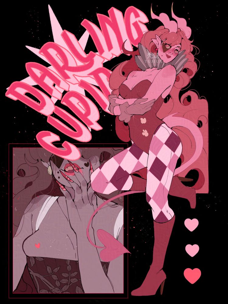 a full body illustration of a jester tiefling with heart motifs. there is a monochrome image below of her adjusting rubbing her lipstck. the text reads: darling cupid. 