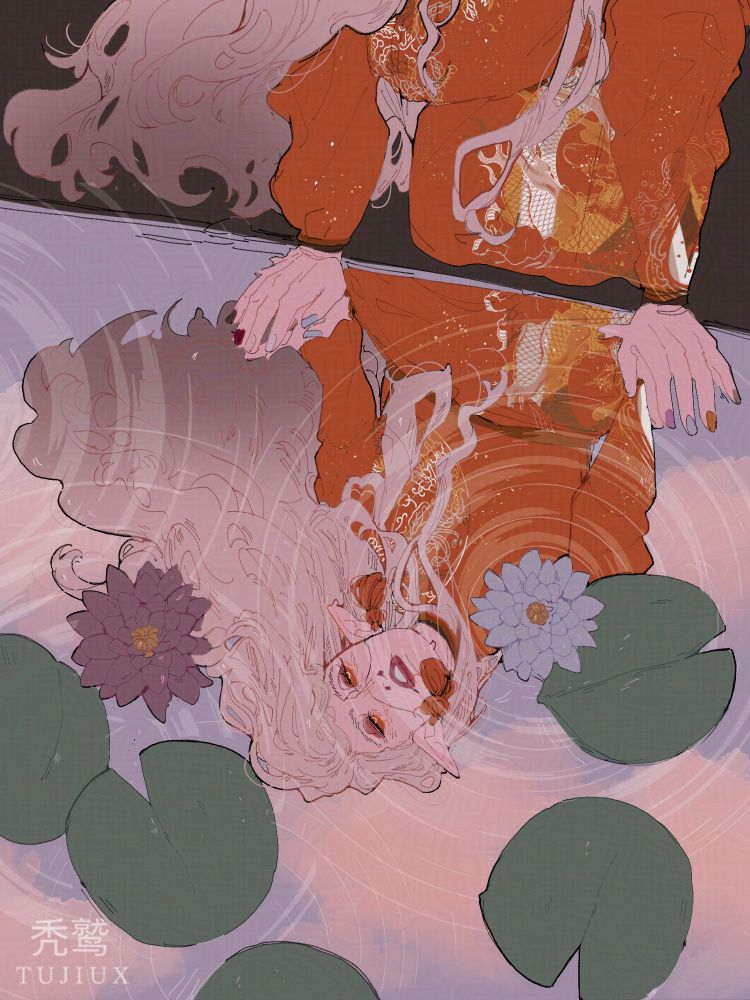 girl looking at reflection of herself in the water and there is two lotuses creating ripples through it