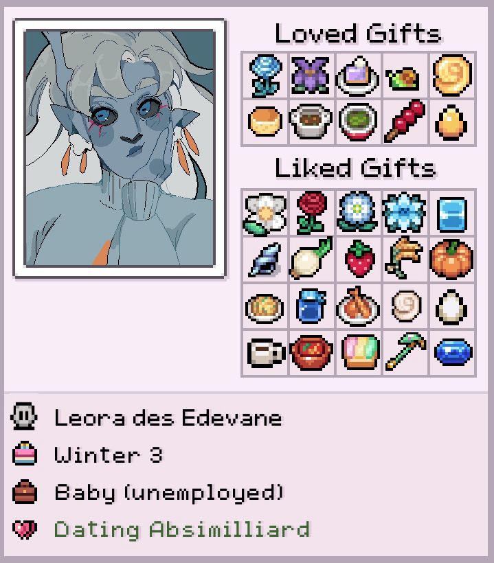 A field of mistria character card of my dnd character, Leora.