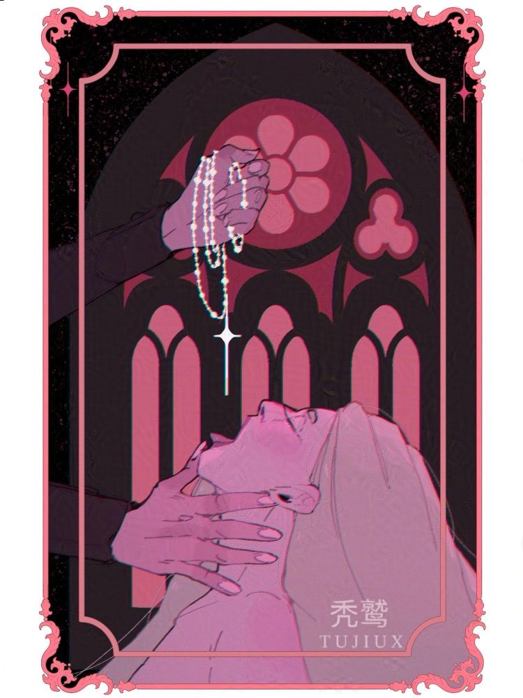 A woman kneels and has her mouth parted by hands for a figure offscreen. Her eyes are closed. In the hands, a white chain rosary-like object that takes on more of a star form is hung over her mouth. There’s a stained glass in the background. 
