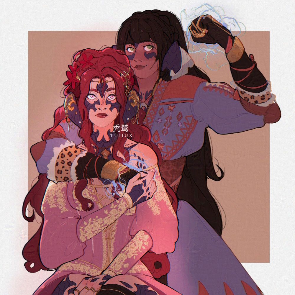 two characters from final fantasy 14 for a commission. they are both au ras, one is sitting with a gentle glow of power and the other is hugging her from behind and standing. she is flexing and has energy coming out of her fists. 