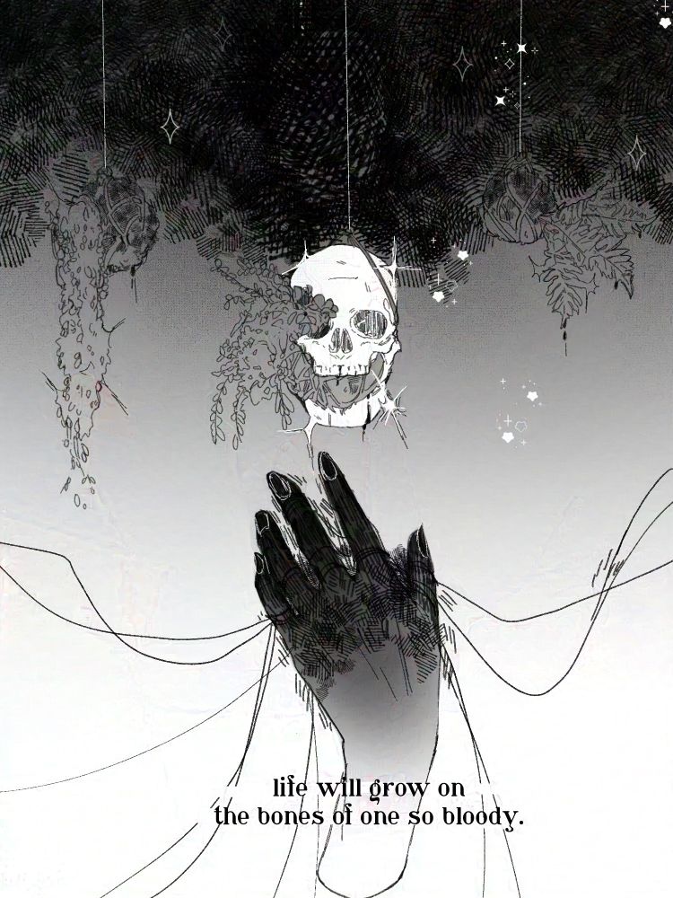 a skull hangs from the ceiling. there are kokedamas hanging as well and grows out of the skulls eyes and mouth. A hand is weaving the threads of fate. 
Text: “life will grow on the bones of one so bloody.”