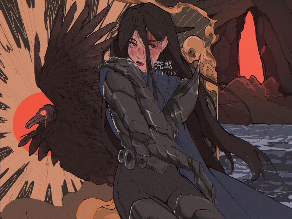 An illustration of a lady knight by the title of River Styx in front of a depiction of a vulture and a cavernous river. 