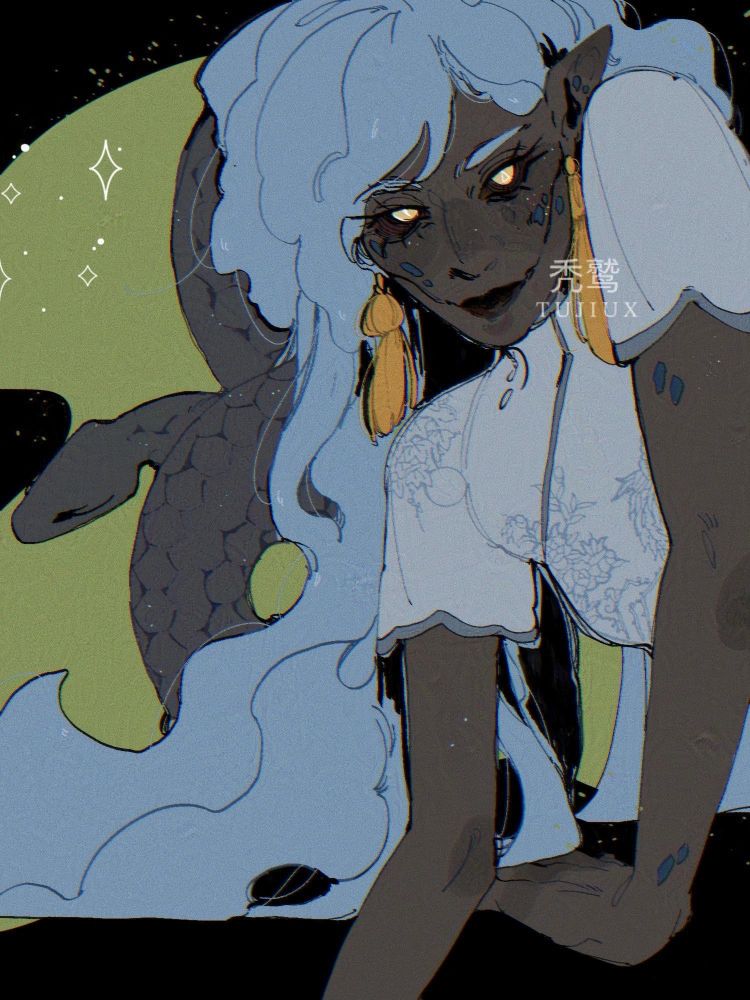 A bust of yuan ti woman with blue hair and dark skin and navy scales. She’s wearing a qipao with light floral prints. There is a dark snake behind her. 