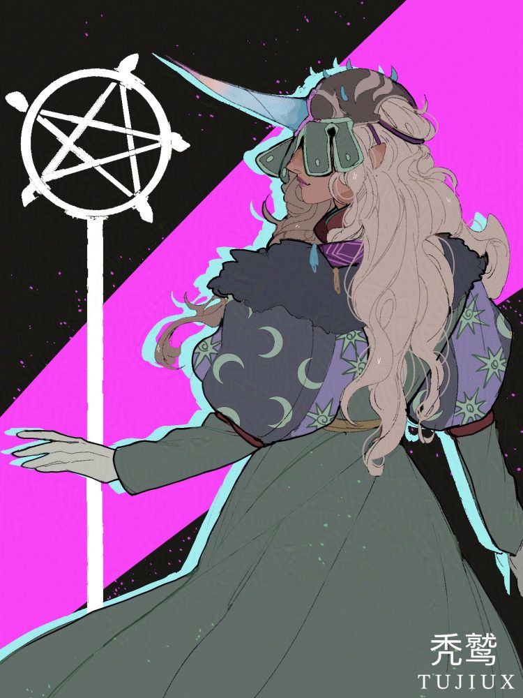 A half body of a character named Octavia, the Unicorn Witch. She is holding out her arm and there is a silhouette of her staff in pure white. 