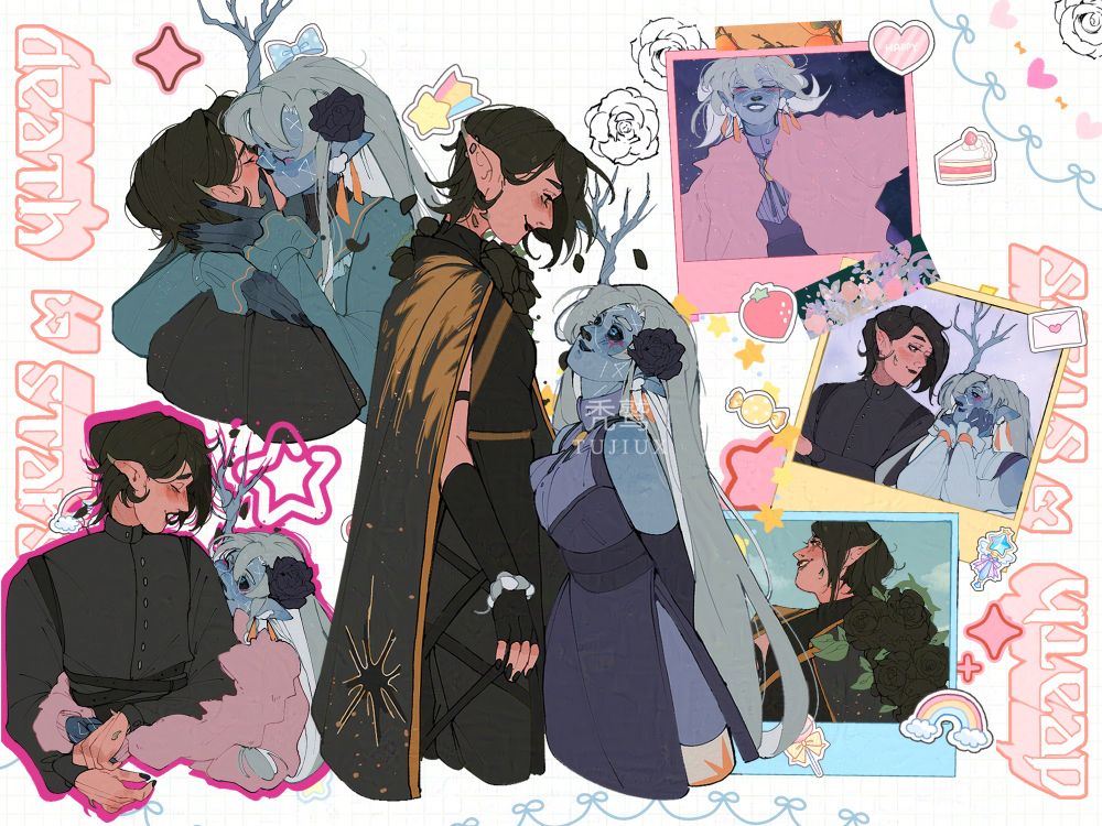 a sketchpage style illustration of my dnd couple, leora [she/her], and absimilliard [any]. there are multiple half body poses of them doing romantic hugs and kisses, and three polaroids of them 