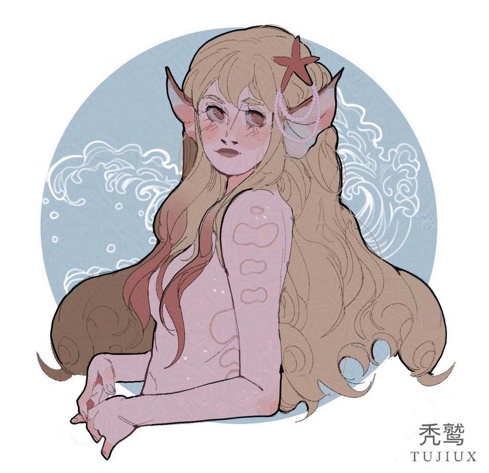 A half body of a blonde mermaid with markings on her skin 