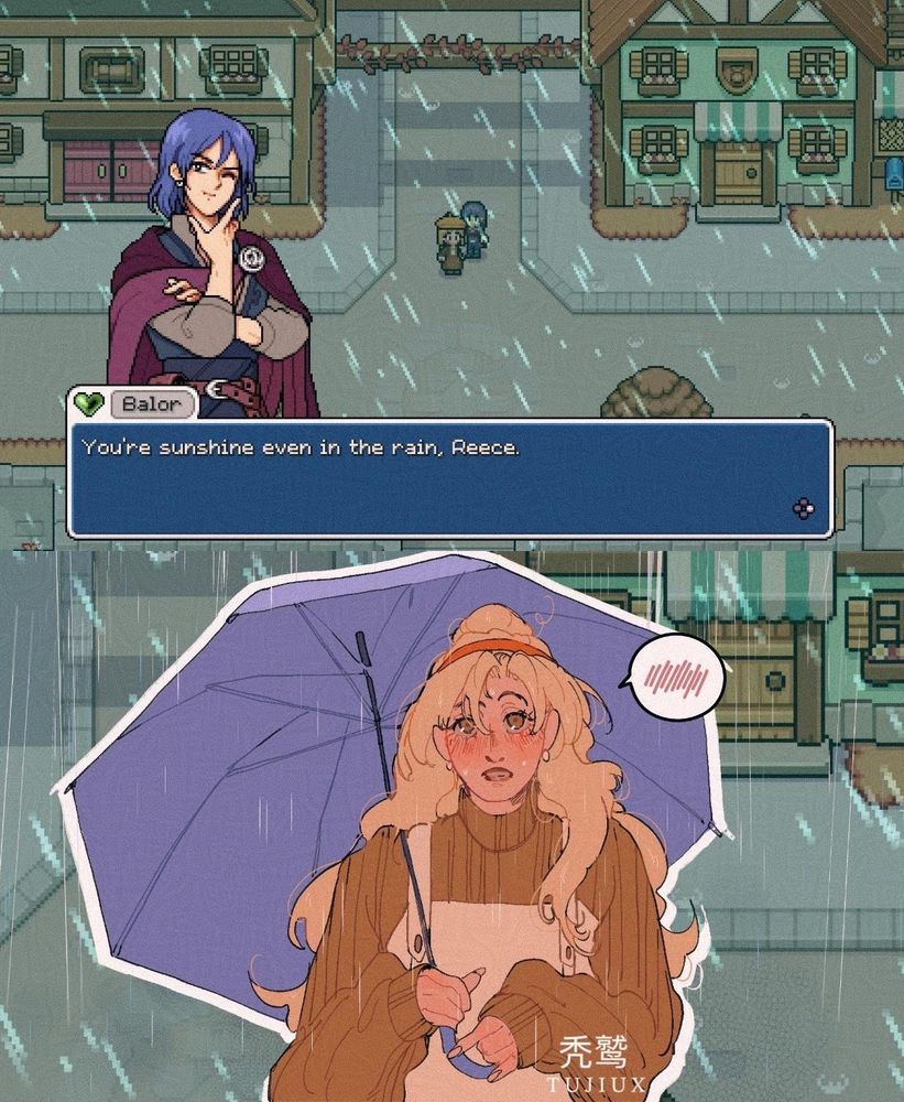 A screenshot of fields of mistria where a character named balor says “you’re sunshine even in the rain, Reece” and the character Reece blushing 